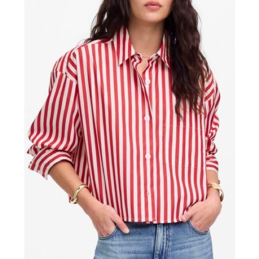 Madewell Straight Hem Shirt in Poplin Red & White Striped